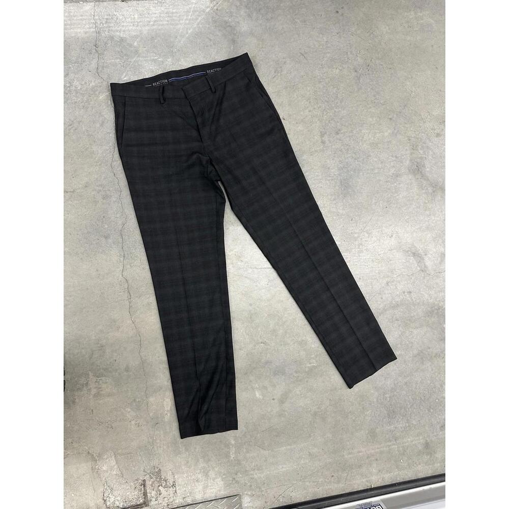 Kenneth Cole Plaid Dress Pant, US33x32, Pleated, Dark Gray, Slim Fit Stretch